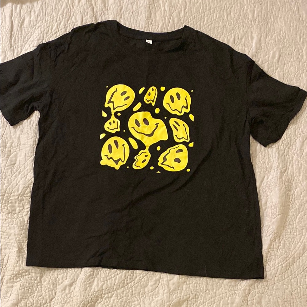 Black T-Shirt with Yellow Smiley Faces